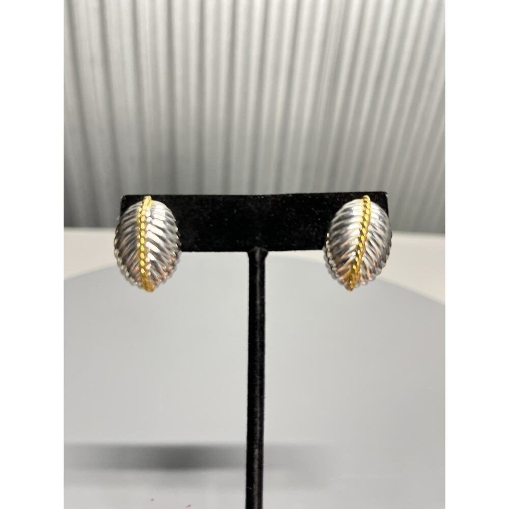 Textured Silver Tone Gold Accent Ribbed Oval Leaf Earrings Women’s Classic Post